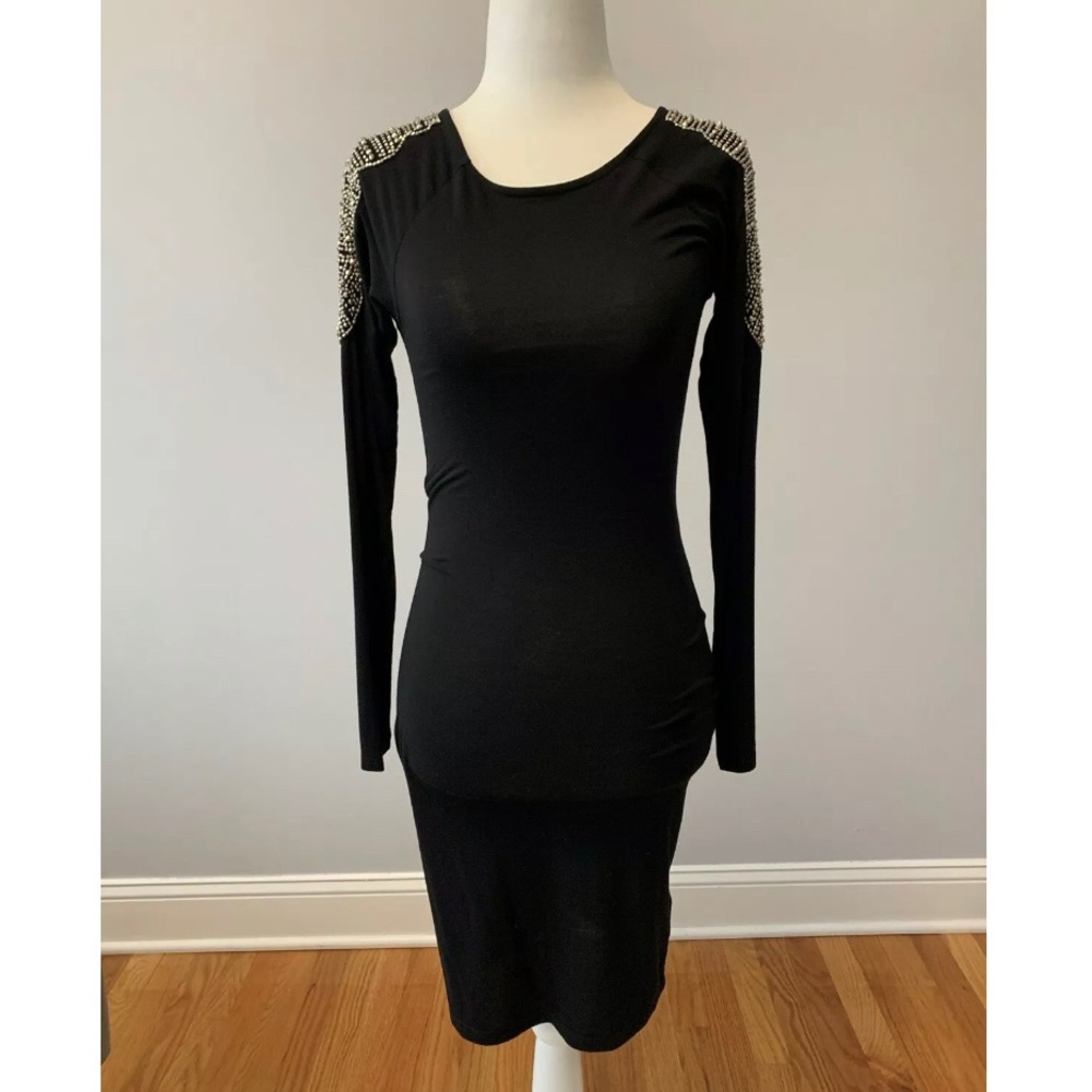 Warehouse Open Back Black Beaded Pencil Dress 4 S
